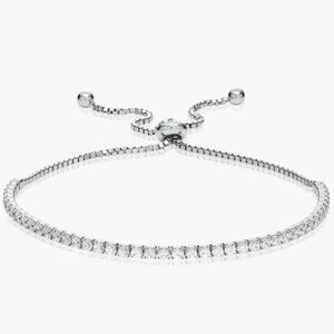 Minimalist 2mm CZ SS Plated Tennis Bolo Slide Bracelet